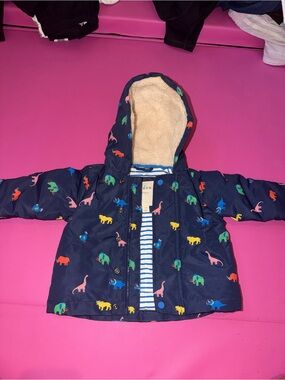 Mini Boden Navy Hooded Winter Coat Puffer Jacket with Colorful Dinosaur Prints
